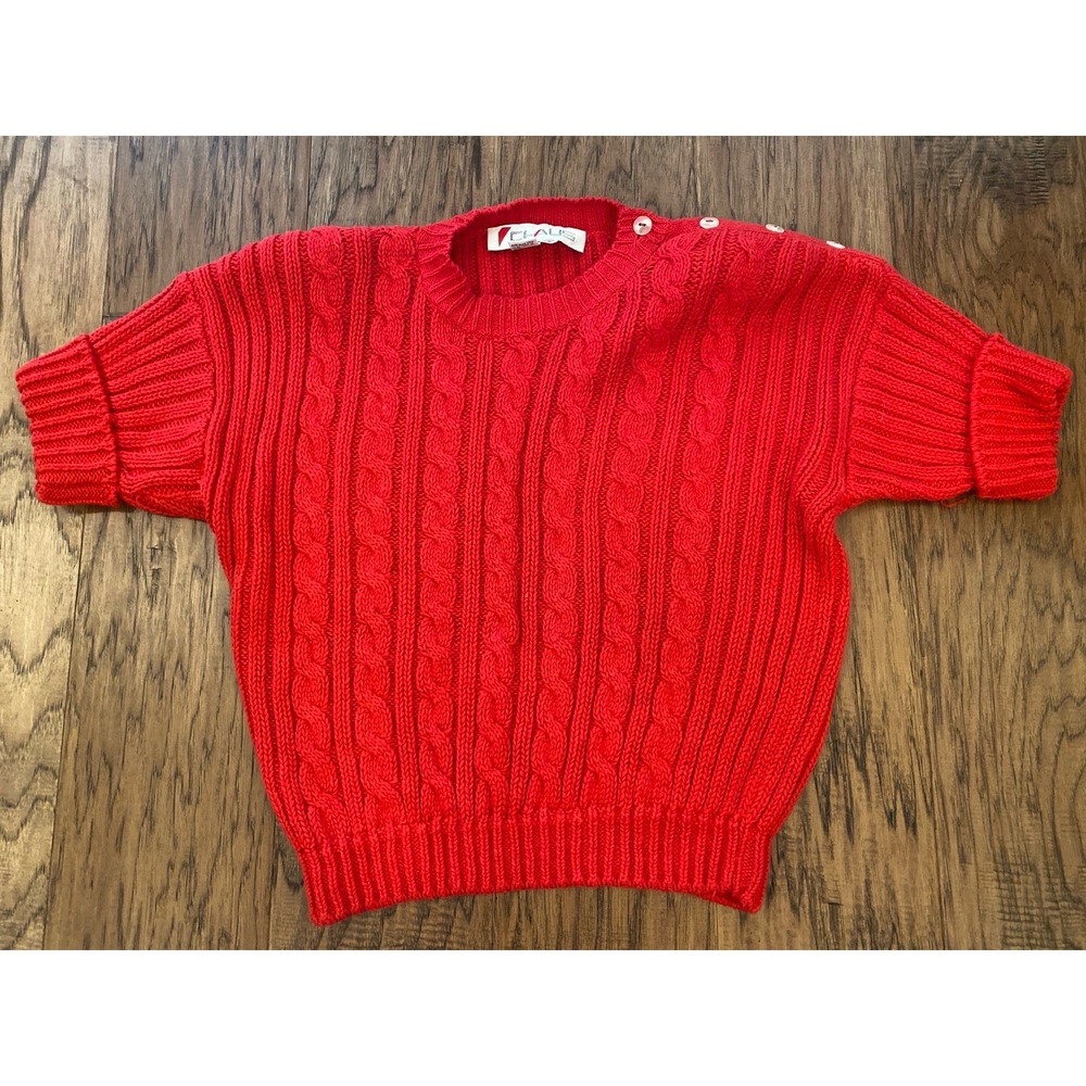 Vintage CHAUS Red Cable Knit Sweater Small Button Shoulder Ramie‎ Cotton